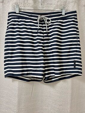 Michael Kors Men's Navy and White Striped Swim Trunks Size Medium